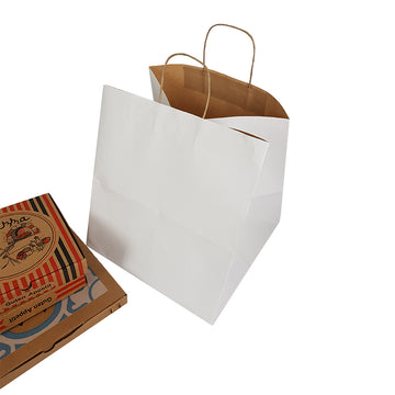 Shopper bianca con vicino due scatole avana per pizza personalizzate